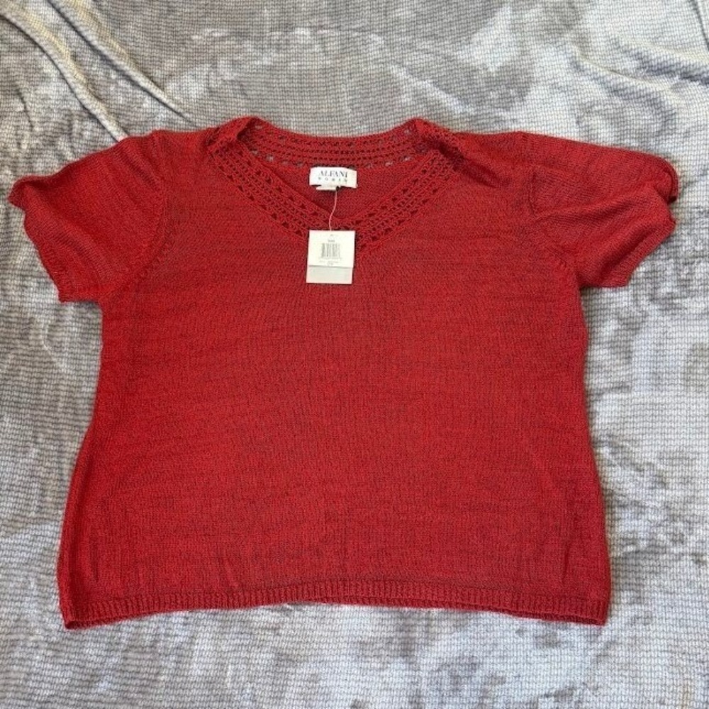Alfani Woman Red Crochet V-Neck Short Sleeve Knit Sweater Garnet 2X 50833GA644